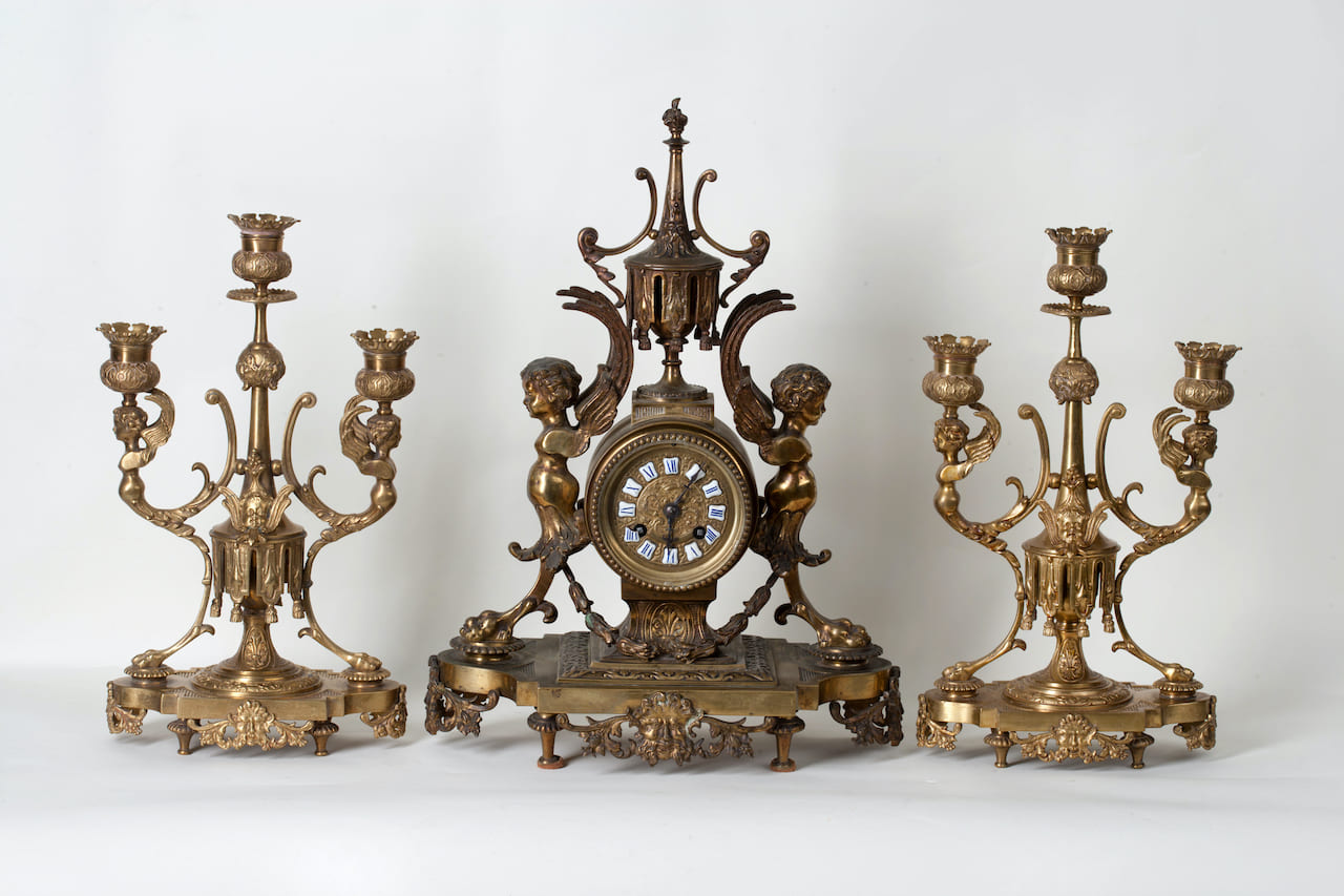 Gothic Clock with a Pair of Candelabra, 19th century