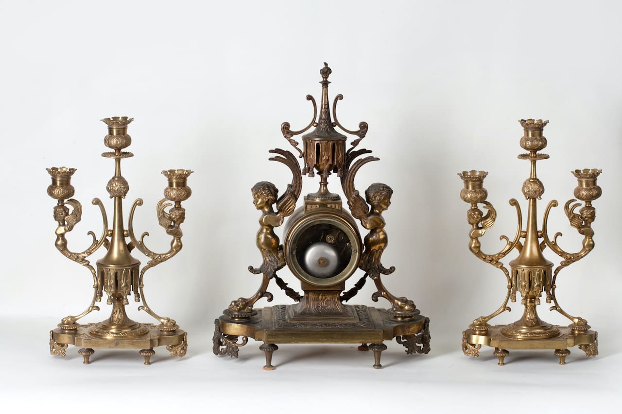 Gothic Clock with a Pair of Candelabra, 19th century