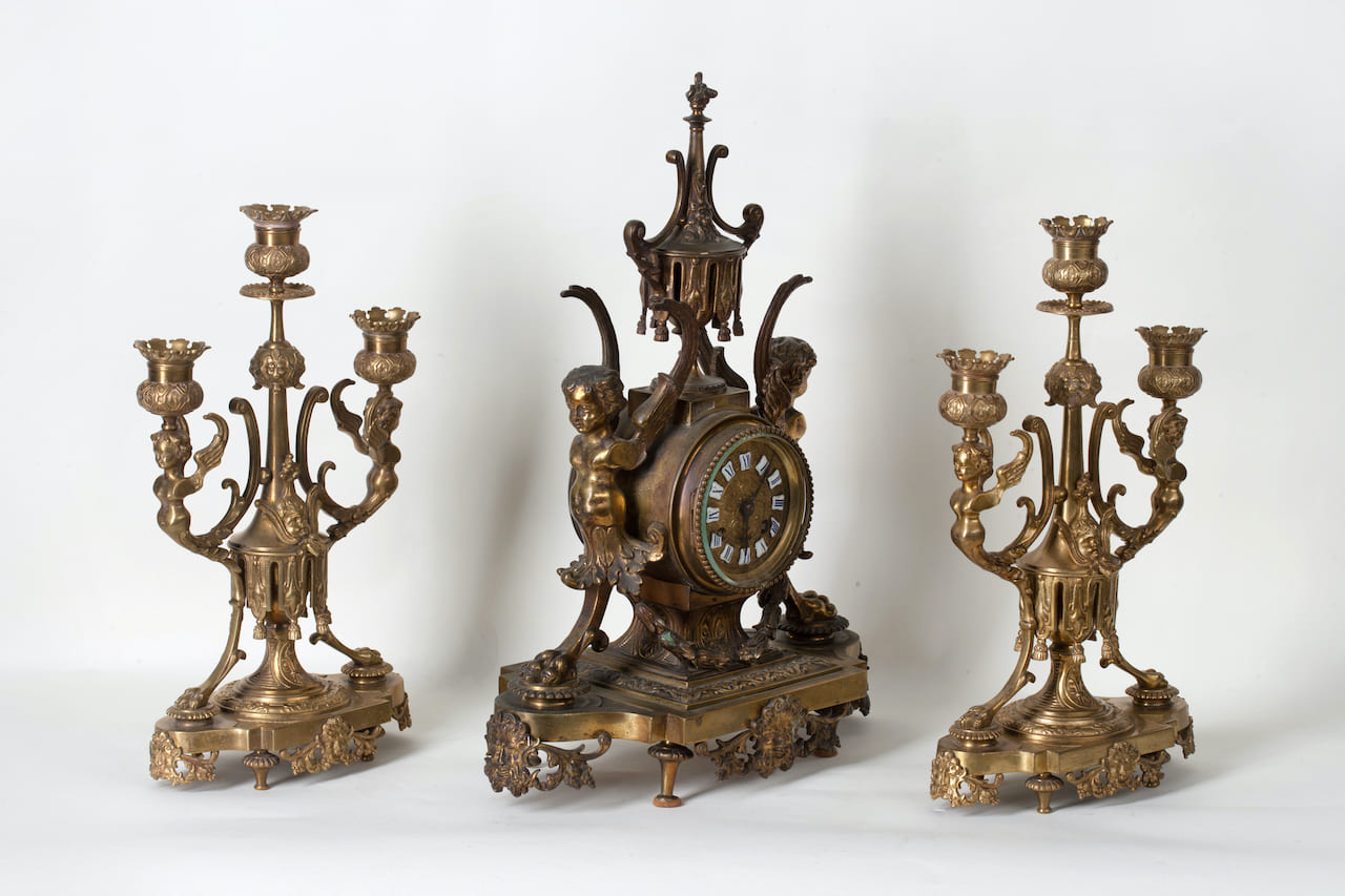 Gothic Clock with a Pair of Candelabra, 19th century