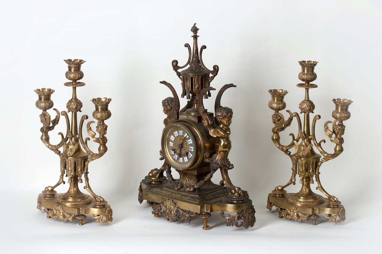 Gothic Clock with a Pair of Candelabra, 19th century