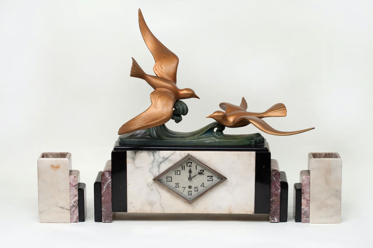 Art Deco Clock with Two Vases, early 20th century