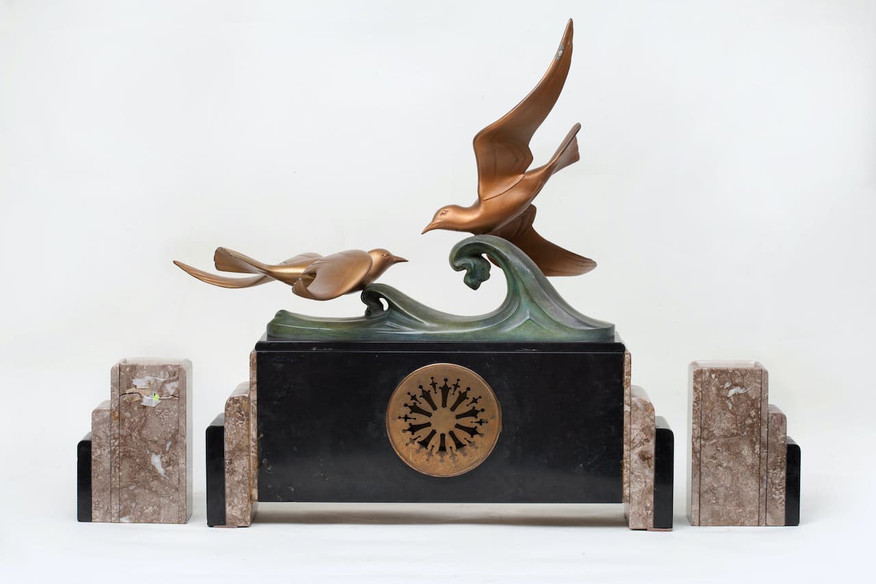 Art Deco Clock with Two Vases, early 20th century