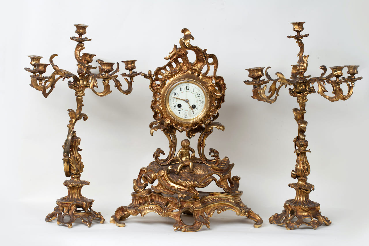 Clock with a Pair of Candelabra, Bronze, Rococo