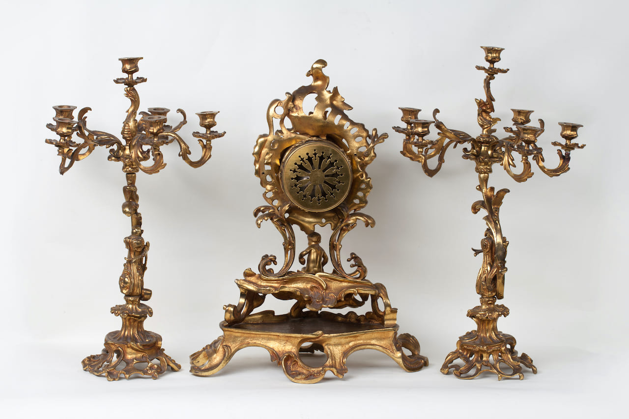Clock with a Pair of Candelabra, Bronze, Rococo