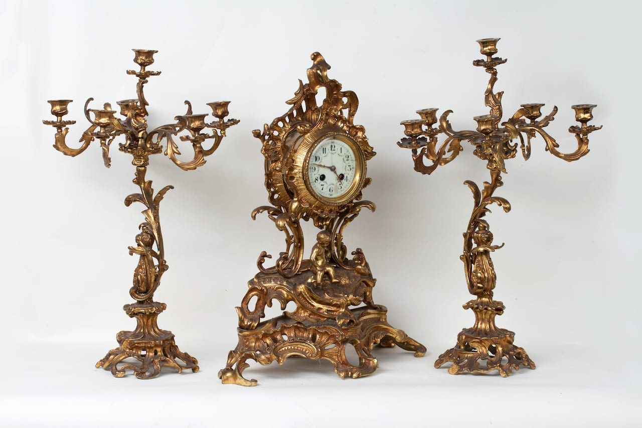 Clock with a Pair of Candelabra, Bronze, Rococo