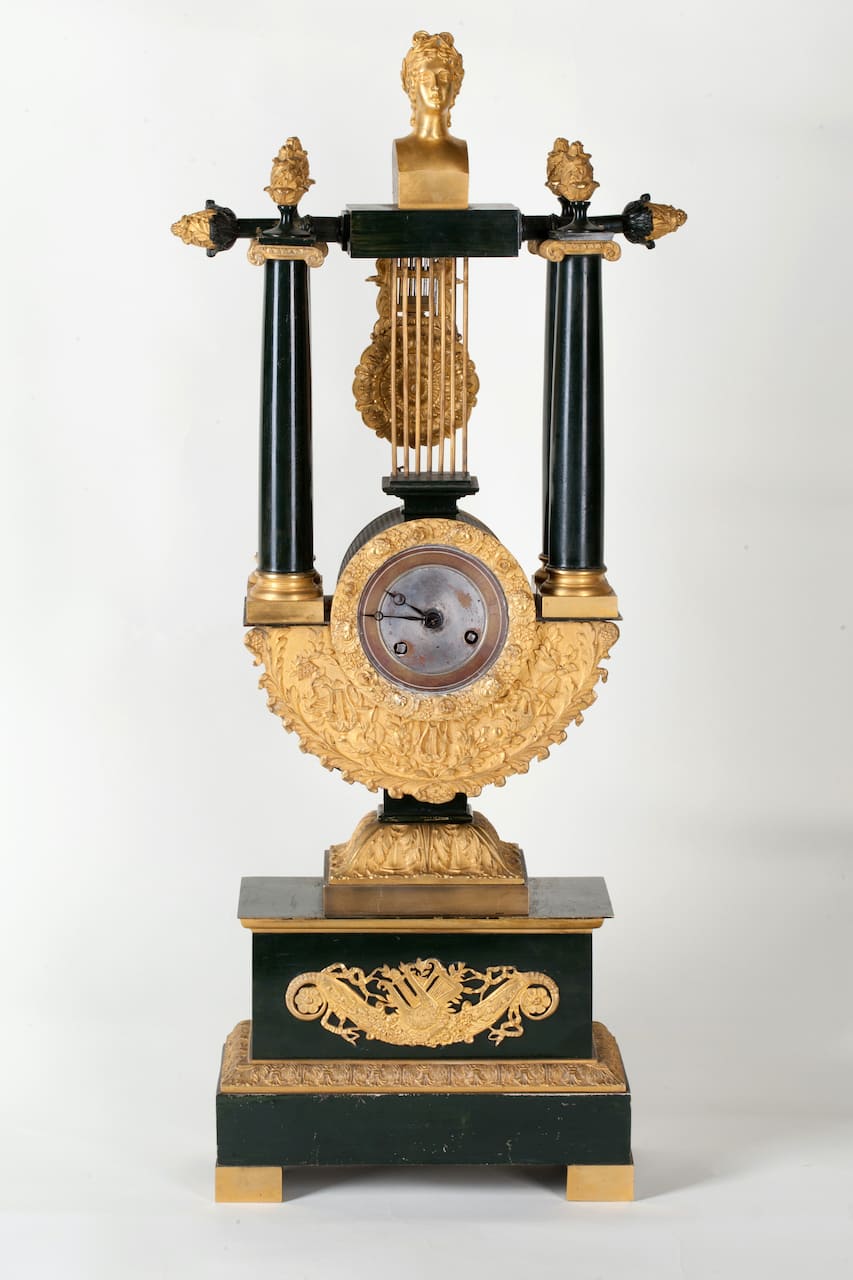 Empire Bronze Mantel Clock, Lyre, 19th century